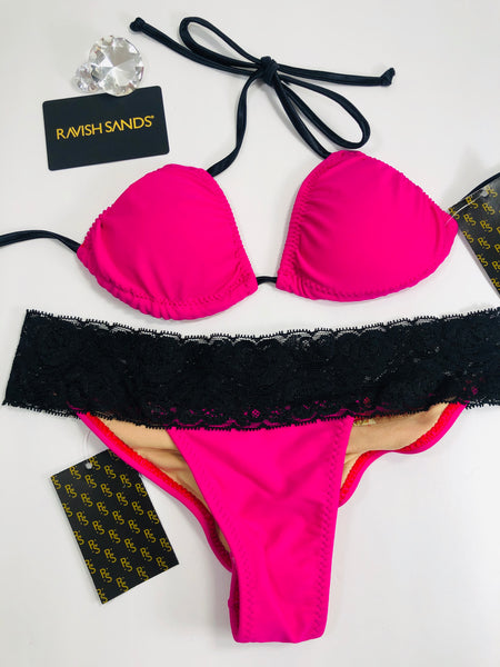 Hot Pink Black Lace Band Bikini Brazilian Cheeky Quickship