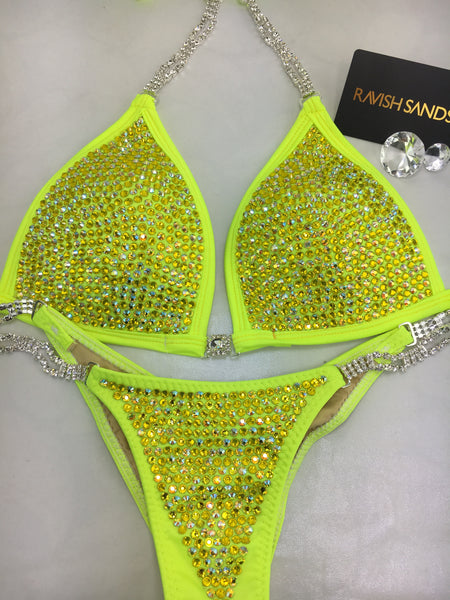 Custom Competition Bikinis Neon Yellow Bling Luxe Crystals Molded cup upgrade included