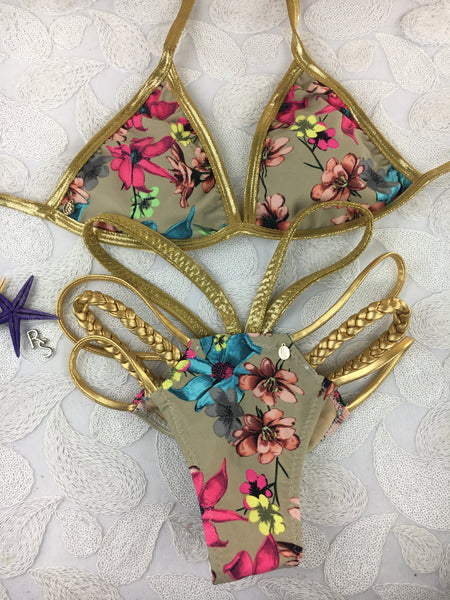 Custom Candice(Any Color Request welcome) “Tan/gold/floral”Bikini***(SUIT SOLD PER PIECE OR SET, price varies)