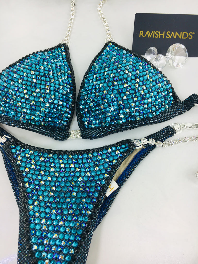 Custom Competition Bikinis Turquoise Black Bling Luxe