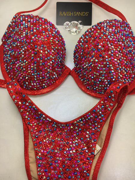 Custom Competition Bikinis Red Bling Luxe Swarovski Underwire Push up bra (European style bottoms however can be done regular style with connectors