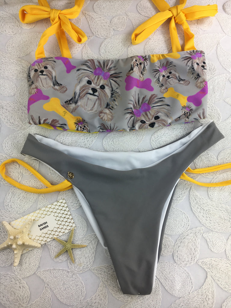 Custom Yorkie Love Vcut seamless bikini (top ties off the shoulder or over the shoulder/around neck)***(SUIT SOLD PER PIECE OR SET, price varies)