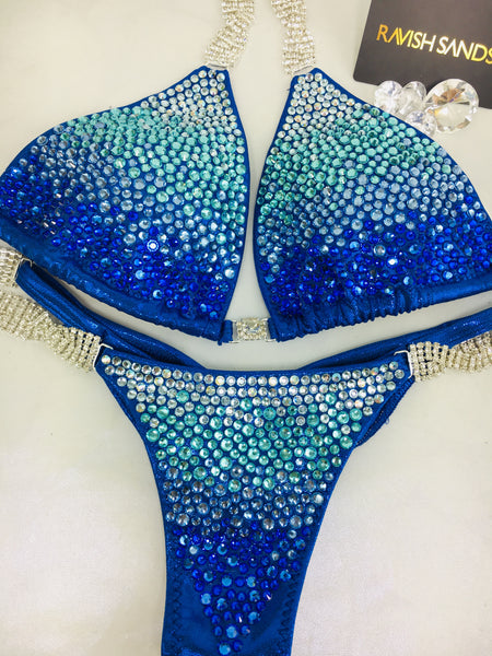 Custom Competition Bikinis Blue Bubbles Diamond Cascade Gradient Deluxe (1 ab, 3 stock solids)