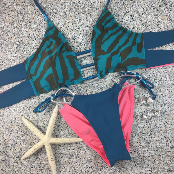 2017 Teal/Coral/Brown 4:1 Flip It Reversible Tie String Bikini Brazilian Cheeky