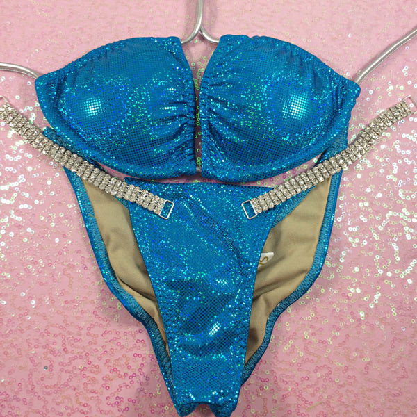Quick Ship Turquoise Holo Dot Small-Large Tops/Micro Cheeky Bottom