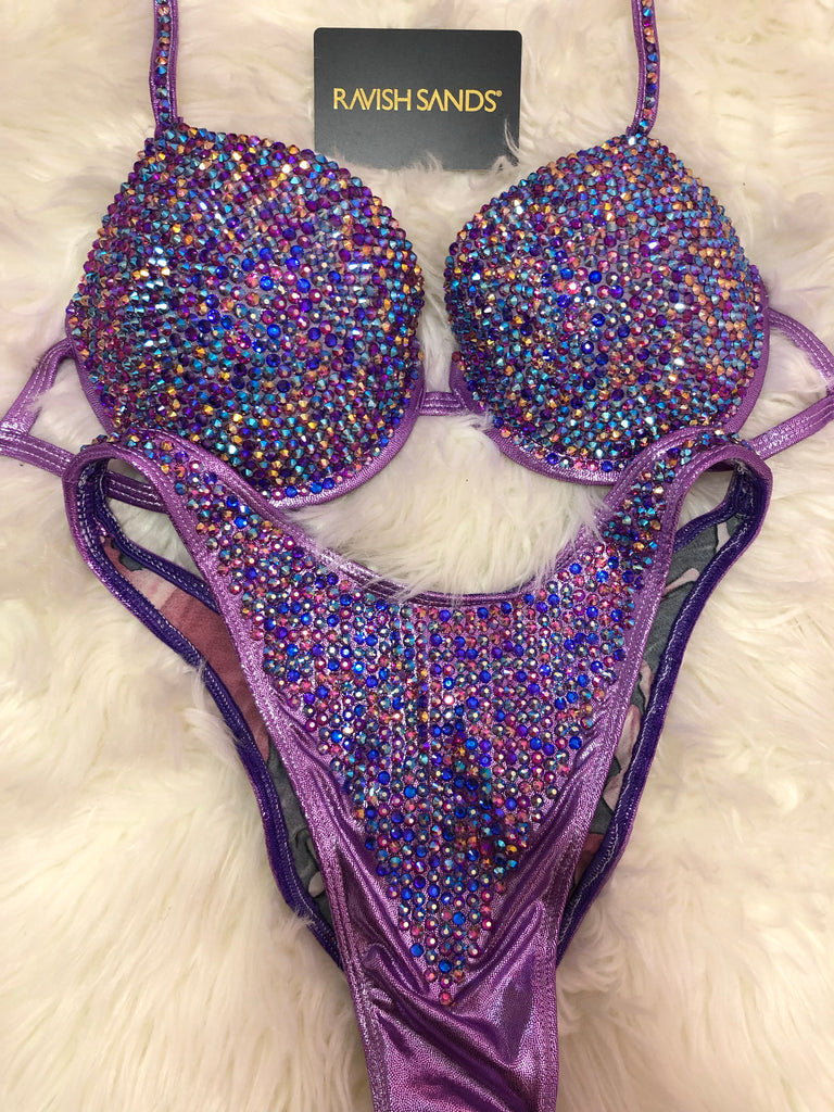 Custom Competition Bikinis Purple lavendar Bling Luxe Underwire Push up bra Wellness bikini