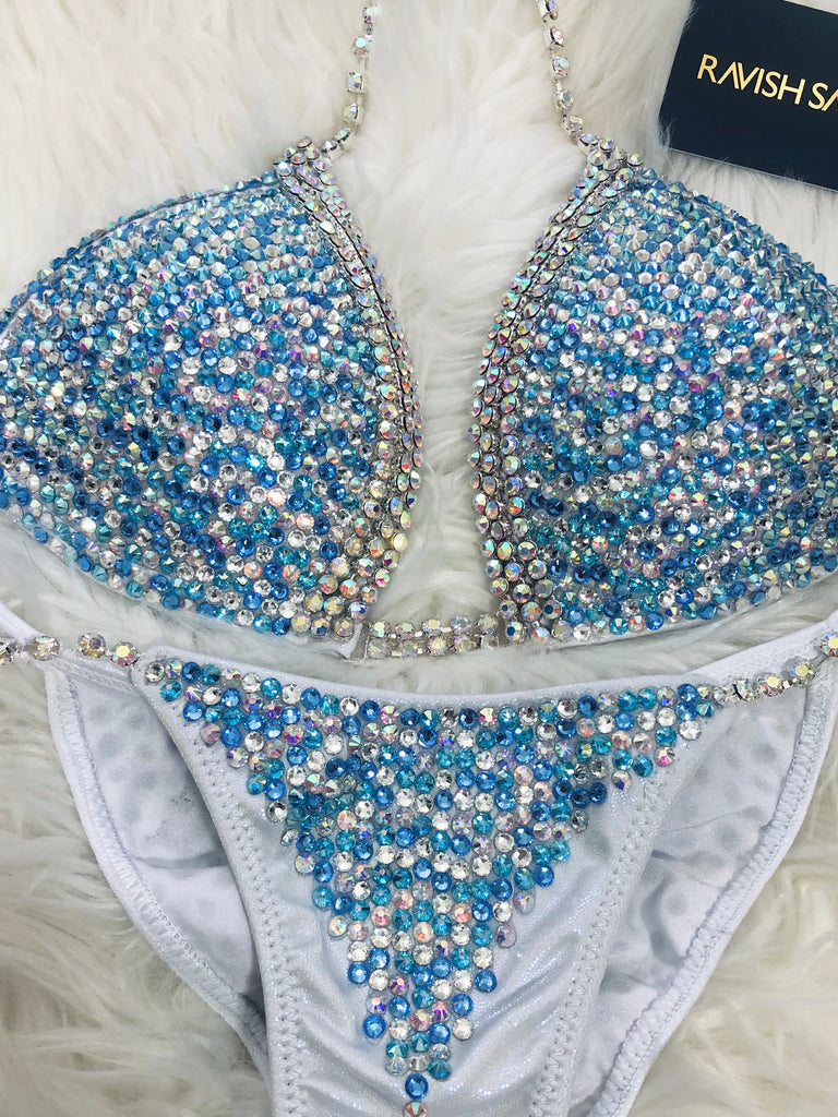 Custom competition bikini Ice Princess Blue DELUXE Luxe W/Color crystals Competition Bikini  and molded cup Included