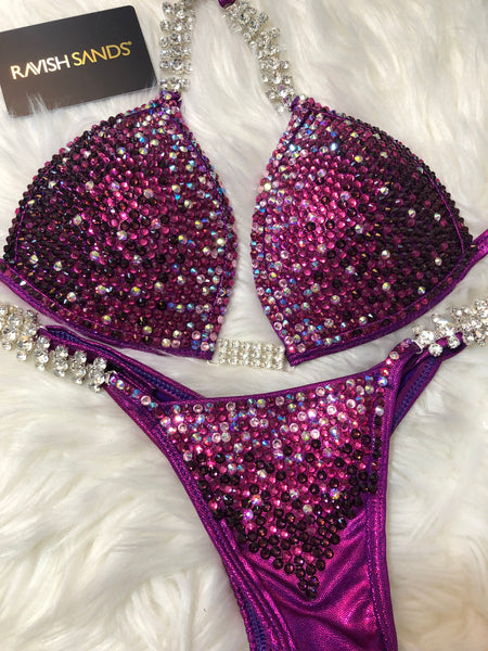 Custom Competition Bikinis sideways  Gradient Cranberry wine fuchsia  molded cup top