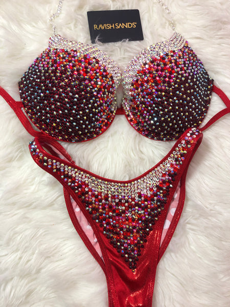 Custom Competition Bikinis red cranberry gradient Bling Underwire Push up bra Wellness bikini