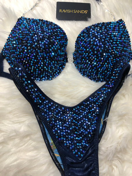 Custom Competition Bikinis Midnight navy blue  Bling Luxe Underwire Push up bra Wellness bikini