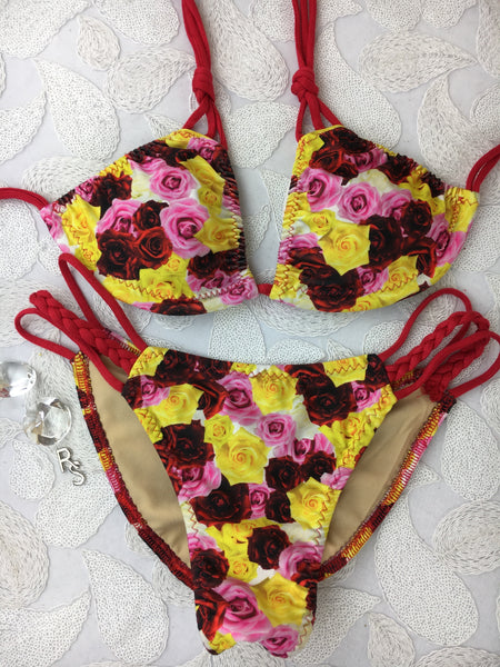 Red Multicolor Roses Multistring Bikini Midcoverage Cheeky