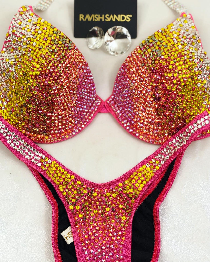 Custom Wellness/Euro cut Competition Bikinis (European style bottoms however can be done regular style with connectors) yellow coral multi