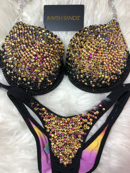 Custom Competition Bikinis Black gold Bling Luxe Underwire Push up bra Wellness bikini