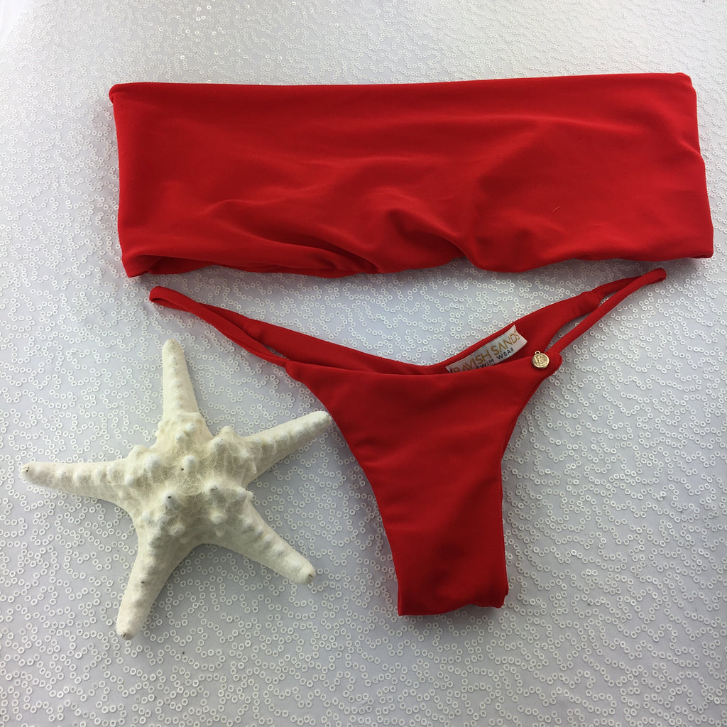 Red Seamless Strapless Tanning cheeky bikini as on (Katy wears Standard front/mini micro cheeky cut swim)