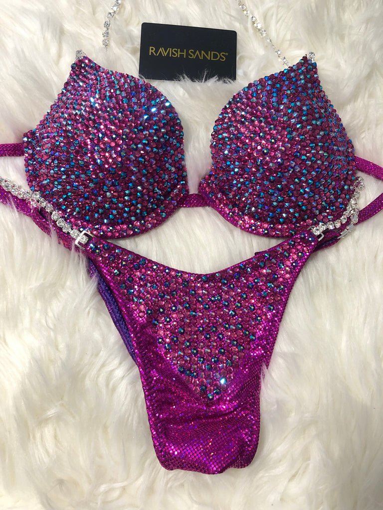 Custom Competition Bikinis Pink fuchsia Bling Luxe Underwire Push up bra Wellness bikini w/connectors