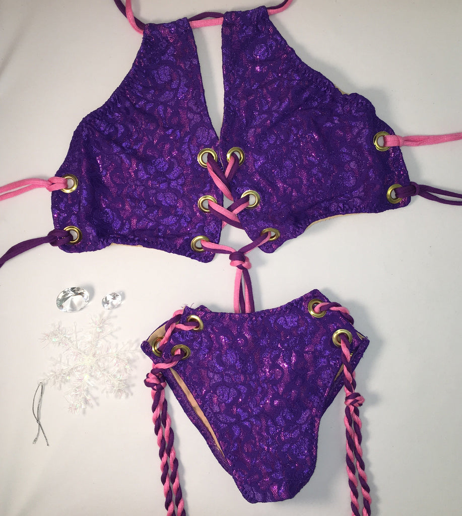 Purple/Light Pink Lace Sporty Halter Stud Tie String Bikini Brazilian Cheeky