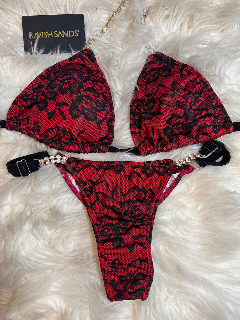 Red Black Floral Lace Posing bikini :adjustable slide bottoms