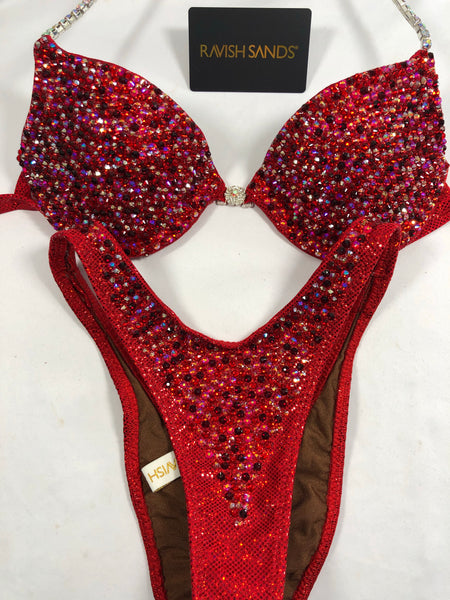 Custom Competition Bikinis Multi Red Bling Luxe Underwire Push up bra Wellness bikini