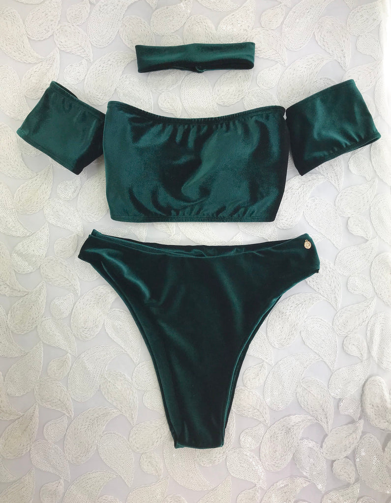 Custom Forest Green Velvet Off the Shoulder Seamless Highwaisted Bikini w/choker  NO Scrunch Butt