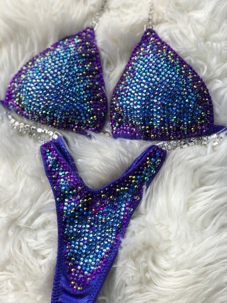 Custom Wellness competition bikini Purple blue multi  Elegance