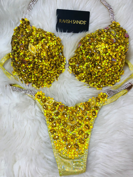 Custom Competition Bikinis Yellow gold Embellished Underwire Push up bra Wellness bikini