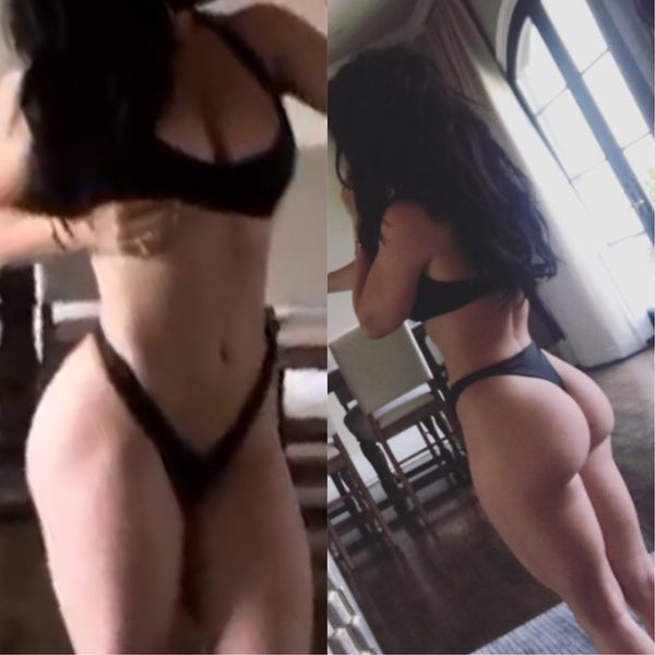 Katy Black (no scrunch/seamless fit) she's wearing the large top, micro no cheeky, marissa front (hook back offered by request instead of tie)