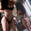 Katy Black (no scrunch/seamless fit) she's wearing the large top, micro no cheeky, marissa front (hook back offered by request instead of tie)