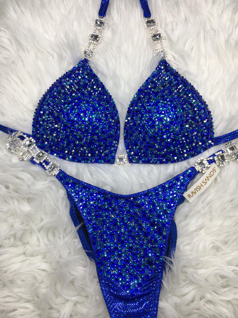 Custom competition bikini Blue Aqua multi DELUXE Luxe W/Color crystals Competition Bikini  and molded cup Included