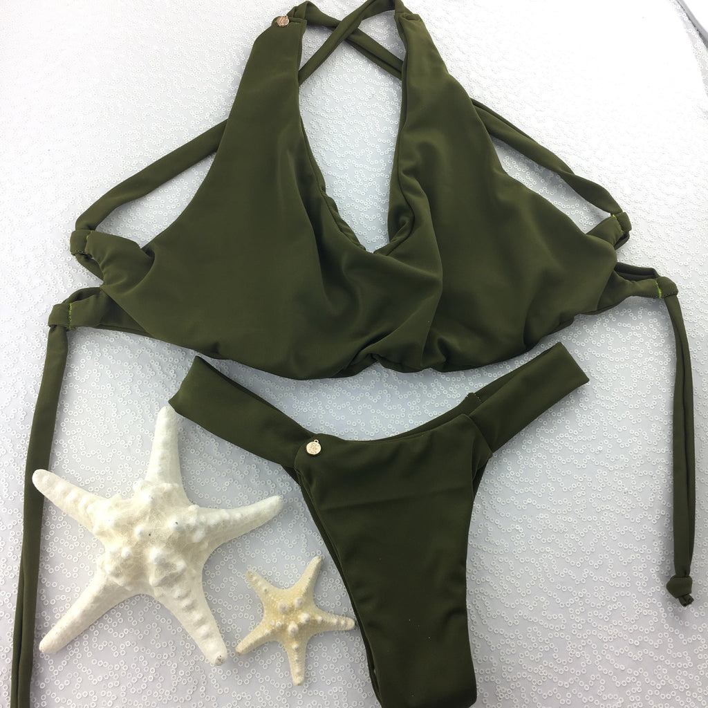 Custom Seamless Olive Army Green  lace back bikini