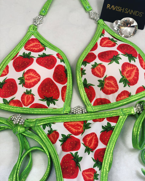 Custom Strawberry tie string posing bikini w/Embellishment $139.99 (molded cup top)