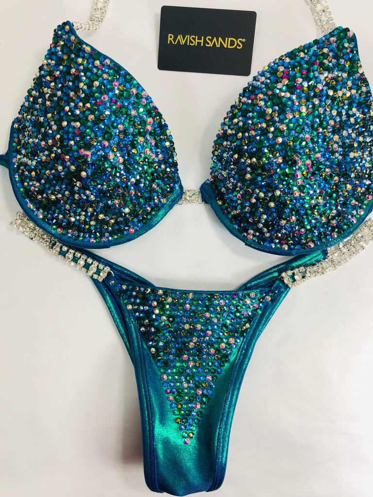 Custom Competition Bikinis Teal Green Bling Luxe Underwire Push up bra