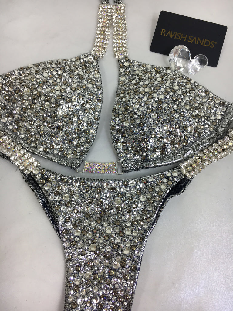 Custom Competition Bikinis Grey/Silver Confetti (Swarovski Mix)