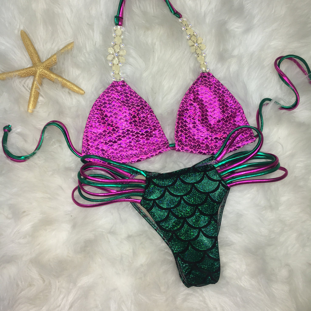 Custom Pink/Green Mermaid ***(SUIT SOLD PER PIECE OR SET, price varies) LIMITED TIME $99 set price!!! (Metallic strings finish Fashion Swim)