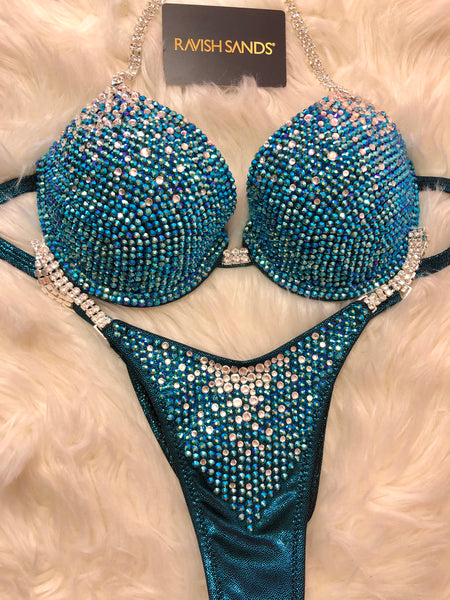 Custom Competition Bikinis teal Underwire Push up bra Wellness bikini w/connectors