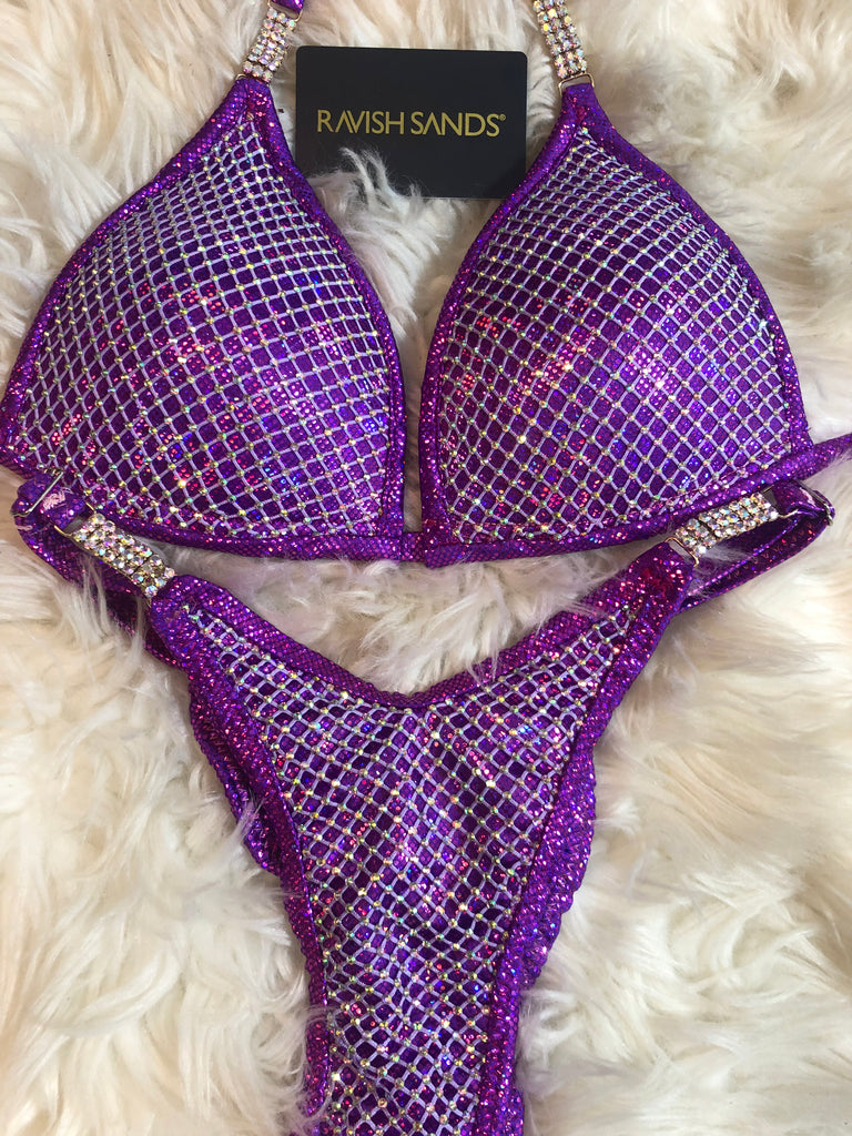 Burlesque Posing bikini ((rhinestone Lavender fishnet)adjustable slide bottoms