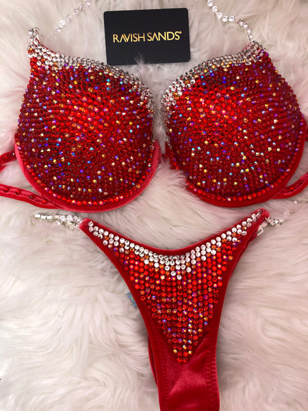 Custom Competition Bikinis red velvet Bling Luxe Underwire Push up bra Wellness bikini