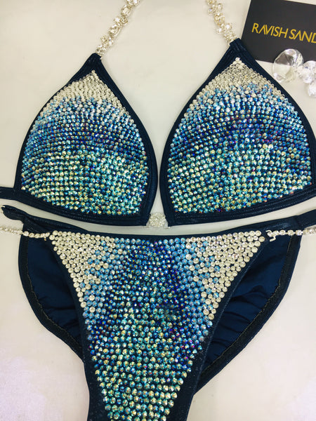 Custom Competition Bikini Dark Blue Sparkle Bubble Deluxe Gradient Ombre