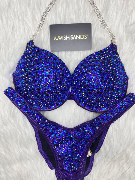 Custom Competition Bikinis Purple Blue Bling Luxe Underwire Push up bra Wellness bikini