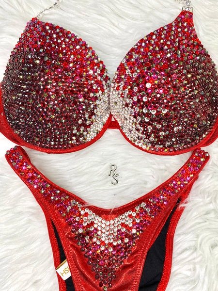 Custom Competition Bikinis Fire Red Cranberry Bling Luxe Underwire Push up bra Wellness bikini