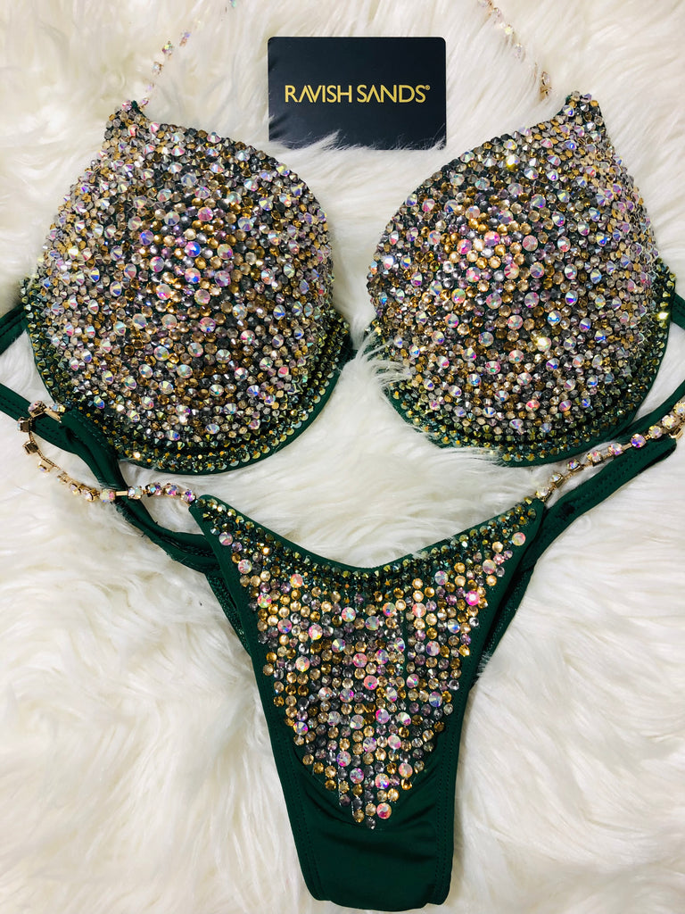 Custom Competition Bikinis “Elegance” Green gold  Diamond Underwire Push up bra Wellness bikini