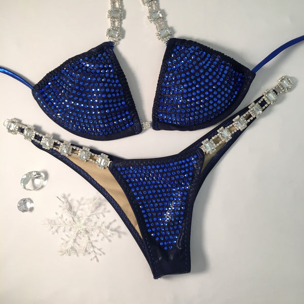 Rental #34 Navy Metallic Luxe Small Top/Micro cheeky exposed fabric trim color crystal upgrade(we size bottoms to your measurements)