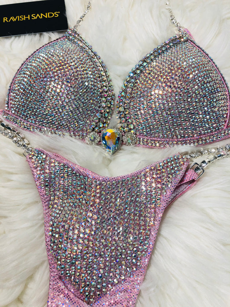 Custom competition bikini Champagne Pink DELUXE Luxe W/Color crystals Competition Bikini  and molded cup Included