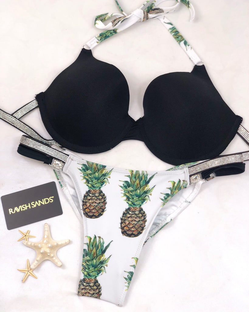 Custom Pineapple Rhinestone mesh underwire Bikini with Bra Cup***(SUIT SOLD PER PIECE OR SET, price varies)