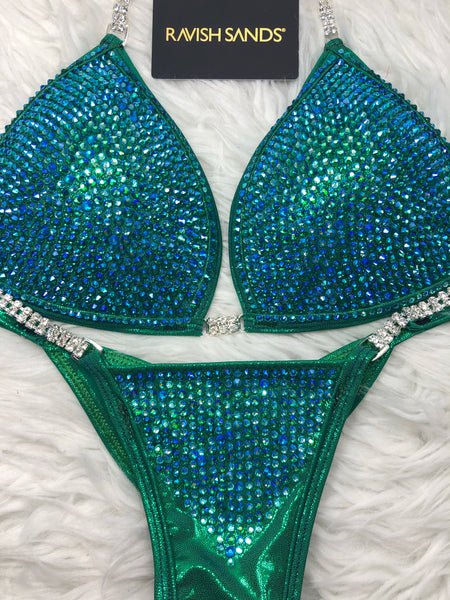Team Elite Physique Custom Kelly Green Metallic Matching Emerald Blue ziricon AB DELUXE Luxe Competition Bikini  and molded cup Included