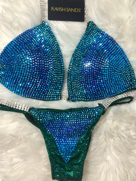 Custom Competition Bikinis sideways  Gradient Emerald blue molded cup top