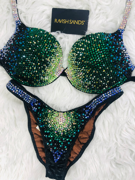 Custom Competition Bikinis Emerald Black gradient Underwire Push up bra Wellness bikini