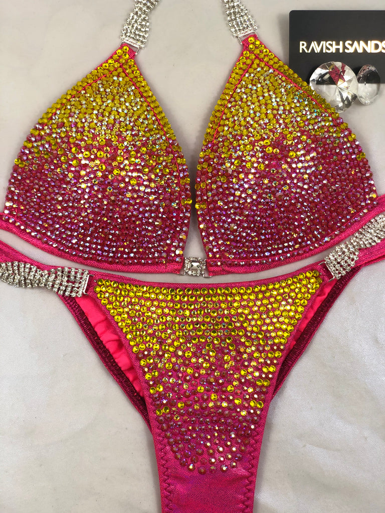 Custom Competition Bikini Yellow Coral Pink Deluxe Gradient Ombre