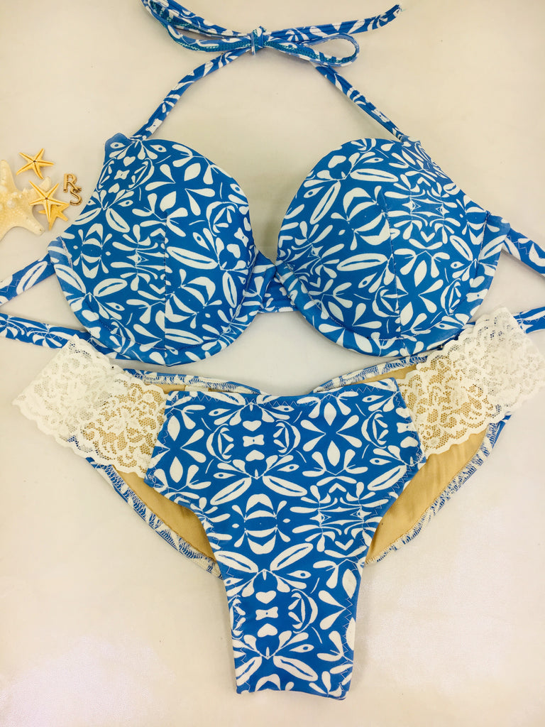 Custom Blue White Underwire Push Up bra with White lace (any fabric option welcome)***(SUIT SOLD PER PIECE OR SET, price varies)