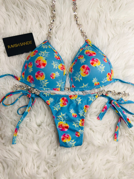 Custom Posing Bikini Molded cup Ravish Pineapple/Sanddollar tie string bikini w/Embellishment