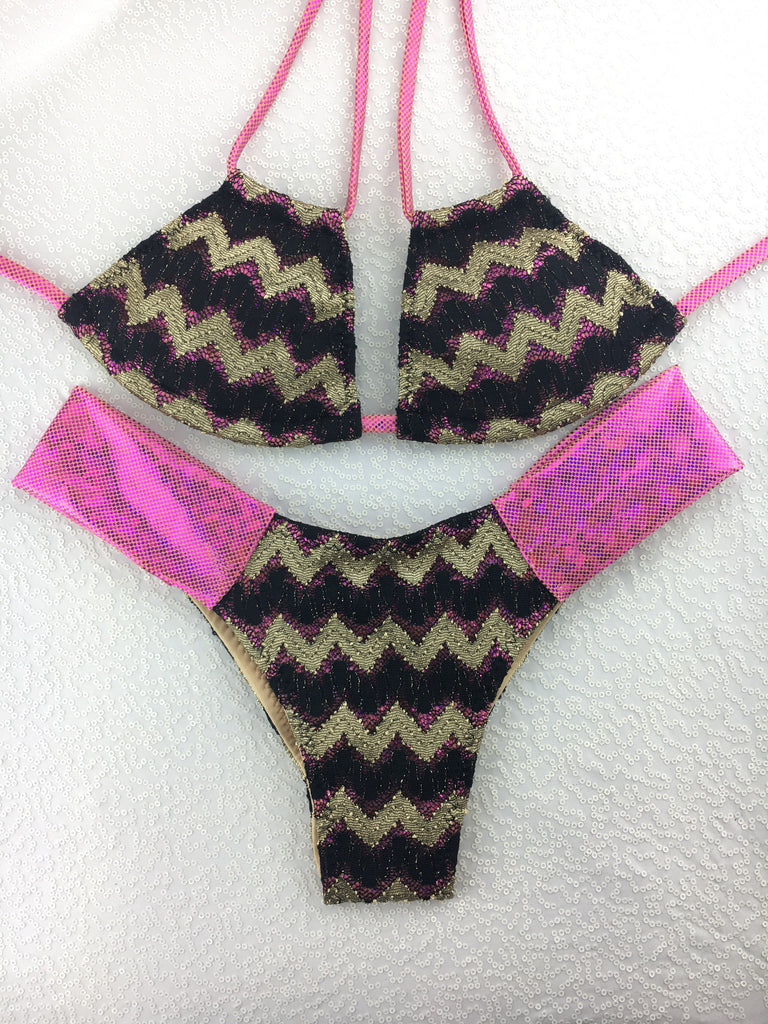 Gold Black Fuchsia Band Bikini Midcoverage cheeky(provide height and weight to size bottoms accordingly).
